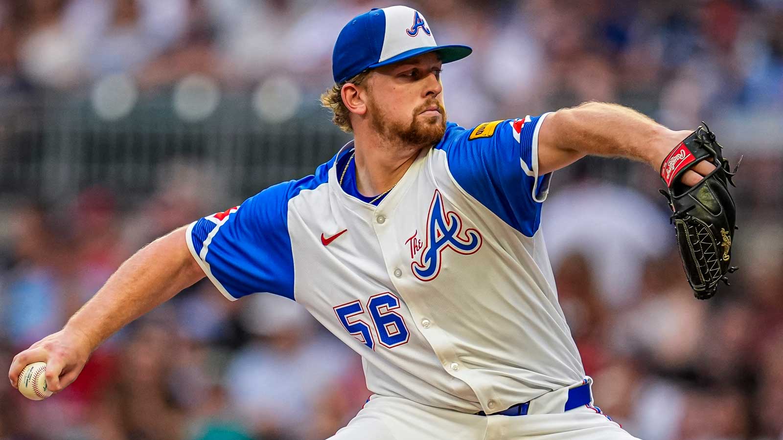 Atlanta Braves starting pitcher Spencer Schwellenbach (56) pitches against the Philadelphia Phillies during the second inning at Truist Park. 
