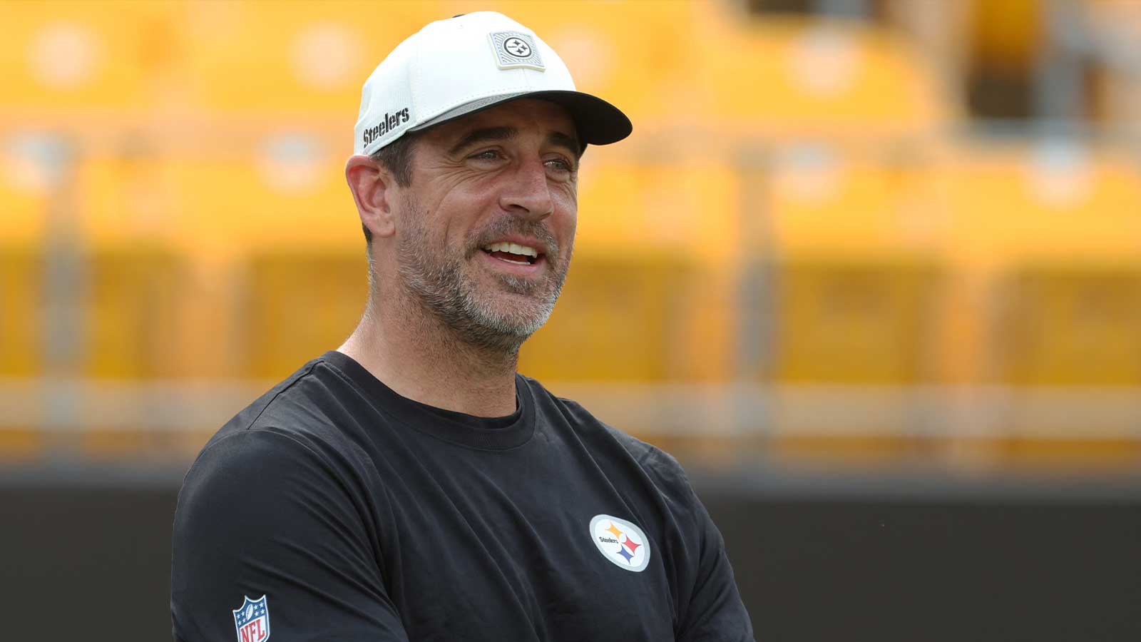 Pittsburgh Steelers quarterback Aaron Rodgers (8) looks on before the game against the Green Bay Packers at Acrisure Stadium.