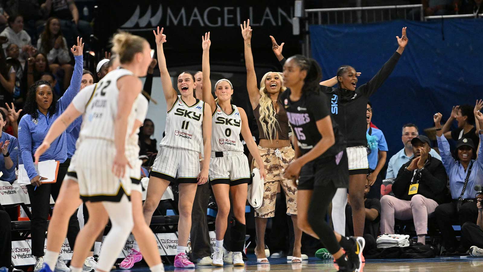 Aug 21, 2026; Chicago, Illinois, USA; The Chicago Sky bench celebrates a three point shot against the Golden State Valkyries during the second half at the Wintrust Arena. 