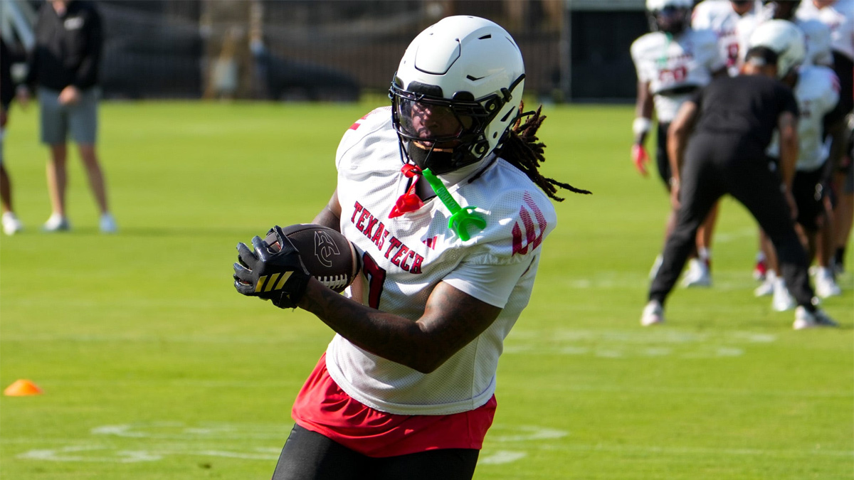 Texas Tech's Terrance Carter catches a pass during football practice, Thursday, Aug. 6, 2026, at the Womble Football Center.