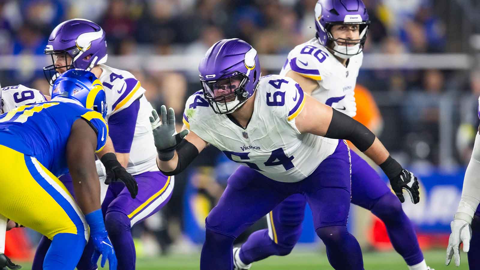 Minnesota Vikings guard Blake Brandel (64) against the Los Angeles Rams during an NFC wild card game at State Farm Stadium. 