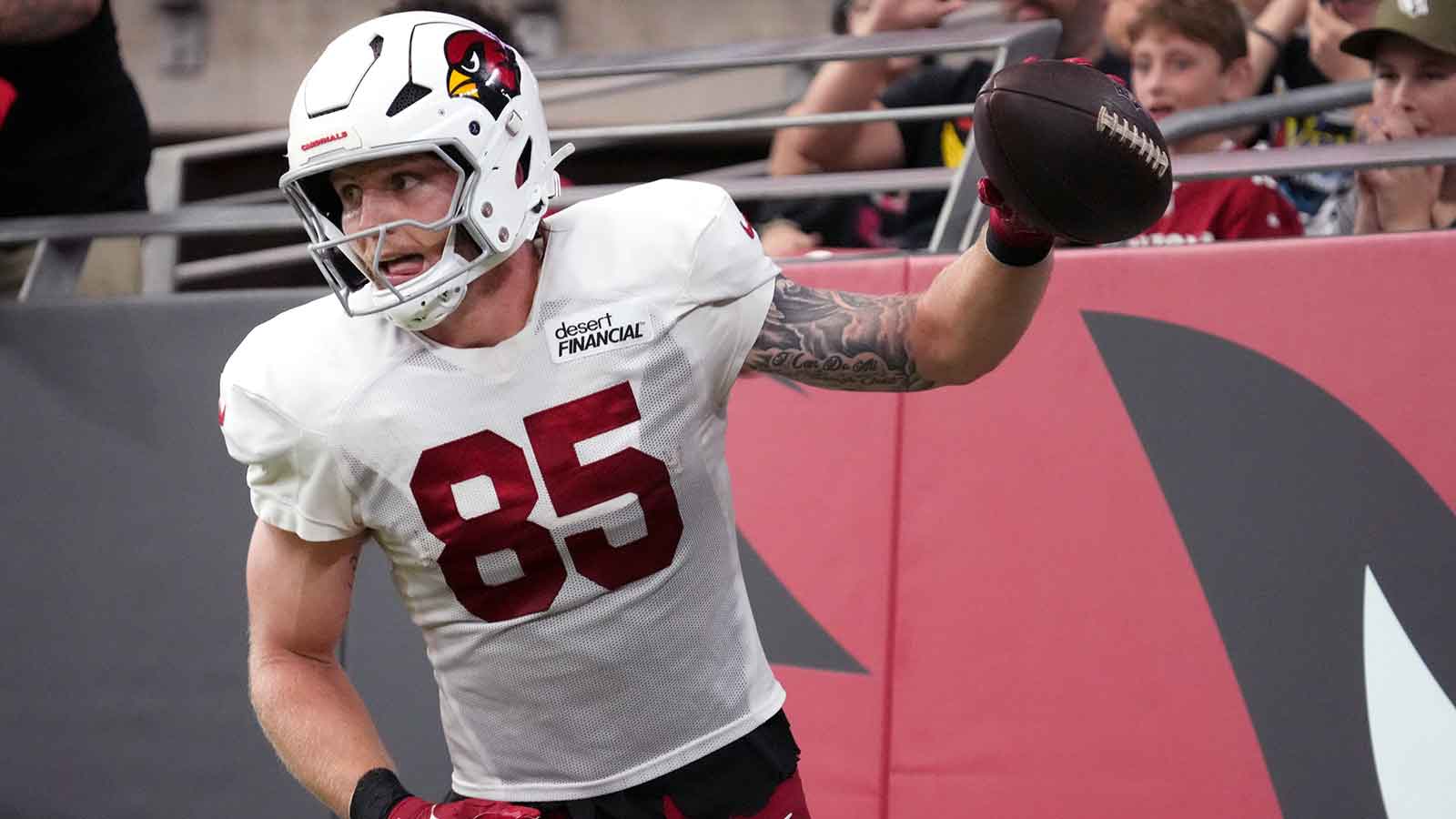 Arizona Cardinals tight end Trey McBride reacts after catching a touchdown during their training camp red and white practice at State Farm Stadium in Glendale on Aug. 9, 2026.