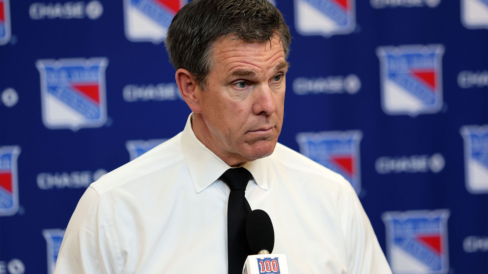 New York Rangers head coach Mike Sullivan speaks to reporters after an 8-1 win against the Washington Capitals at Madison Square Garden. 