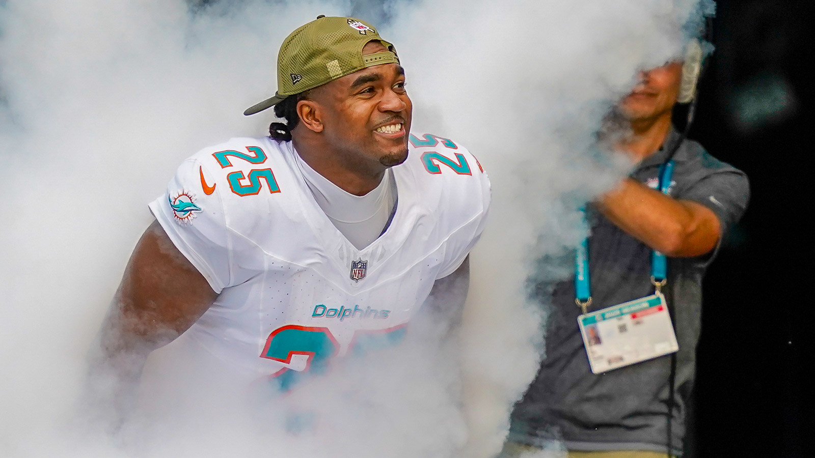 Miami Dolphins linebacker Tyrel Dodson (25) runs on the field before a game against the Buffalo Bills at Hard Rock Stadium.