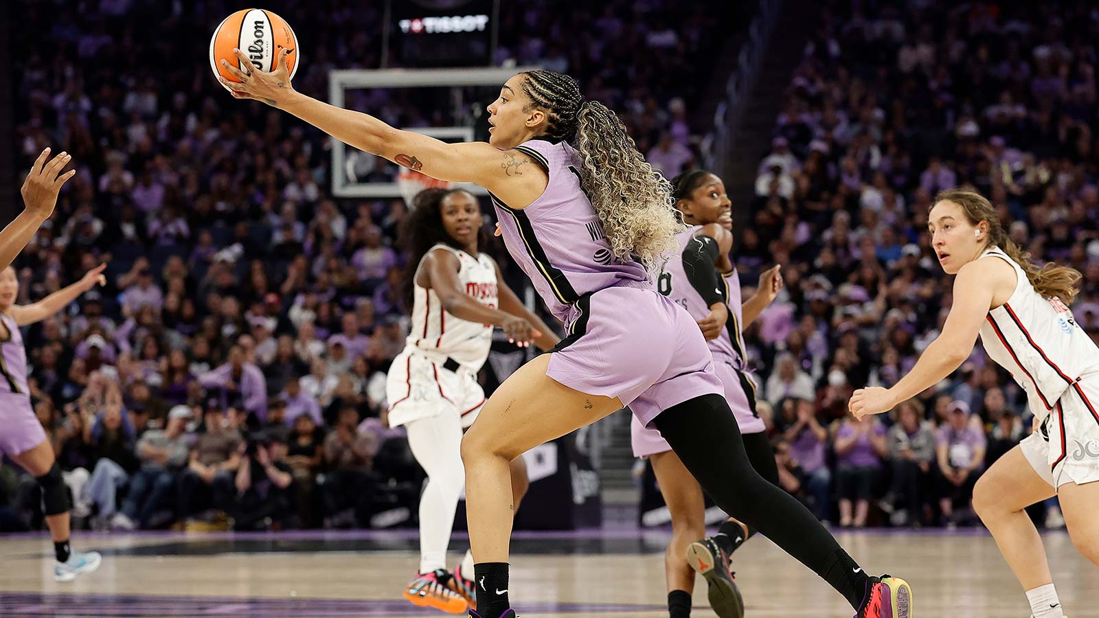 Jul 20, 2026; San Francisco, California, USA; Golden State Valkyries forward Gabby Williams (1) reaches for the ball against the Washington Mystics during the second quarter at Chase Center. 
