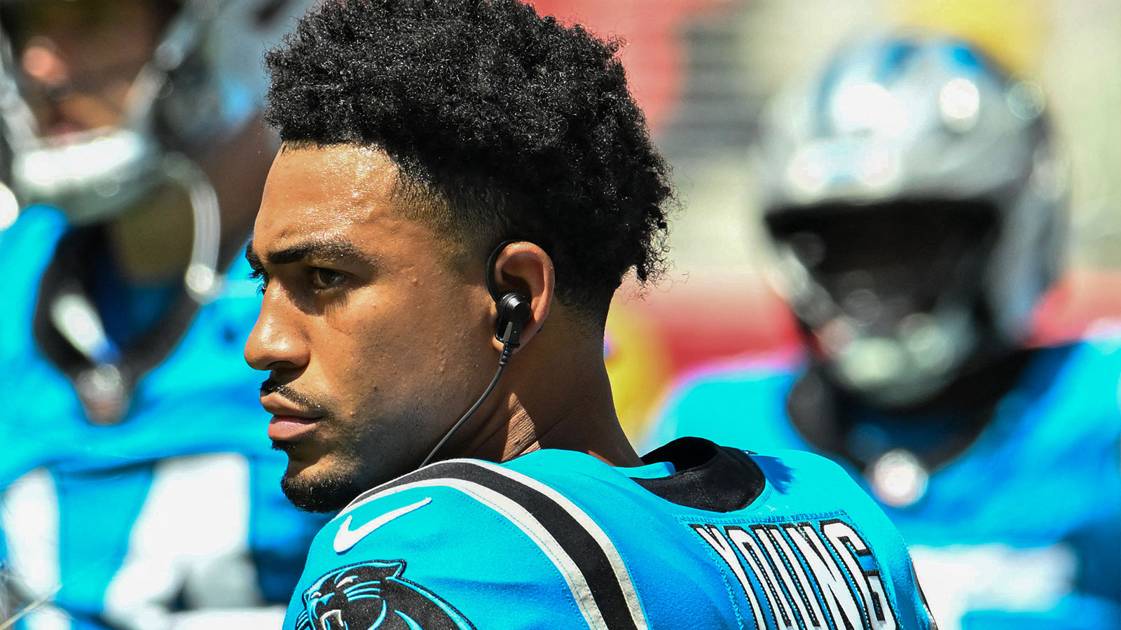 Carolina Panthers quarterback Bryce Young (9) watches from the sideline in the second quarter game against the Buffalo Bills at the New Highmark Stadium.
