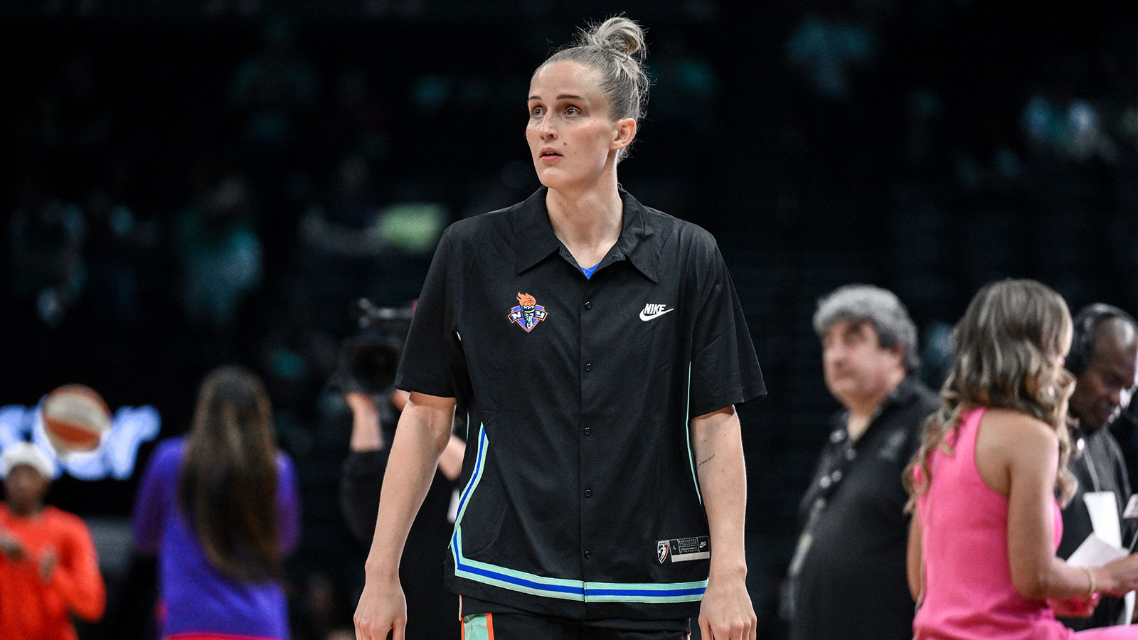 May 27, 2026; Brooklyn, New York, USA; New York Liberty forward Leonie Fiebich (13) warms up before a game against the Phoenix Mercury at Barclays Center. Mandatory Credit: John Jones-Imagn Images