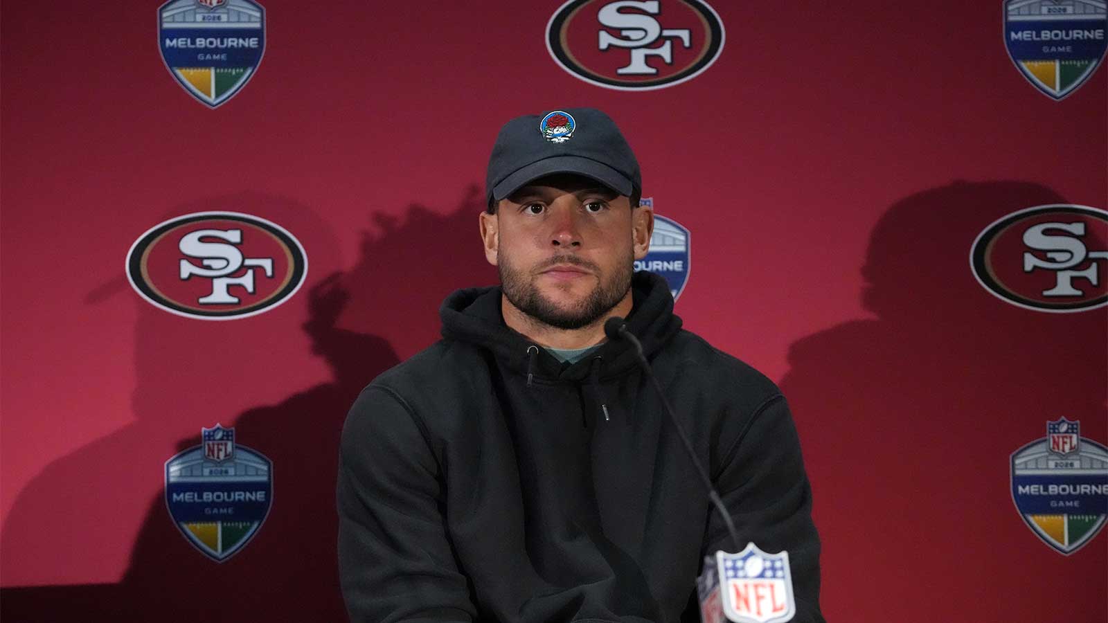 San Francisco 49ers defensive end Nick Bosa at press conference after the 2026 NFL Melbourne Game against the Los Angeles Rams at Melbourne Cricket Ground.