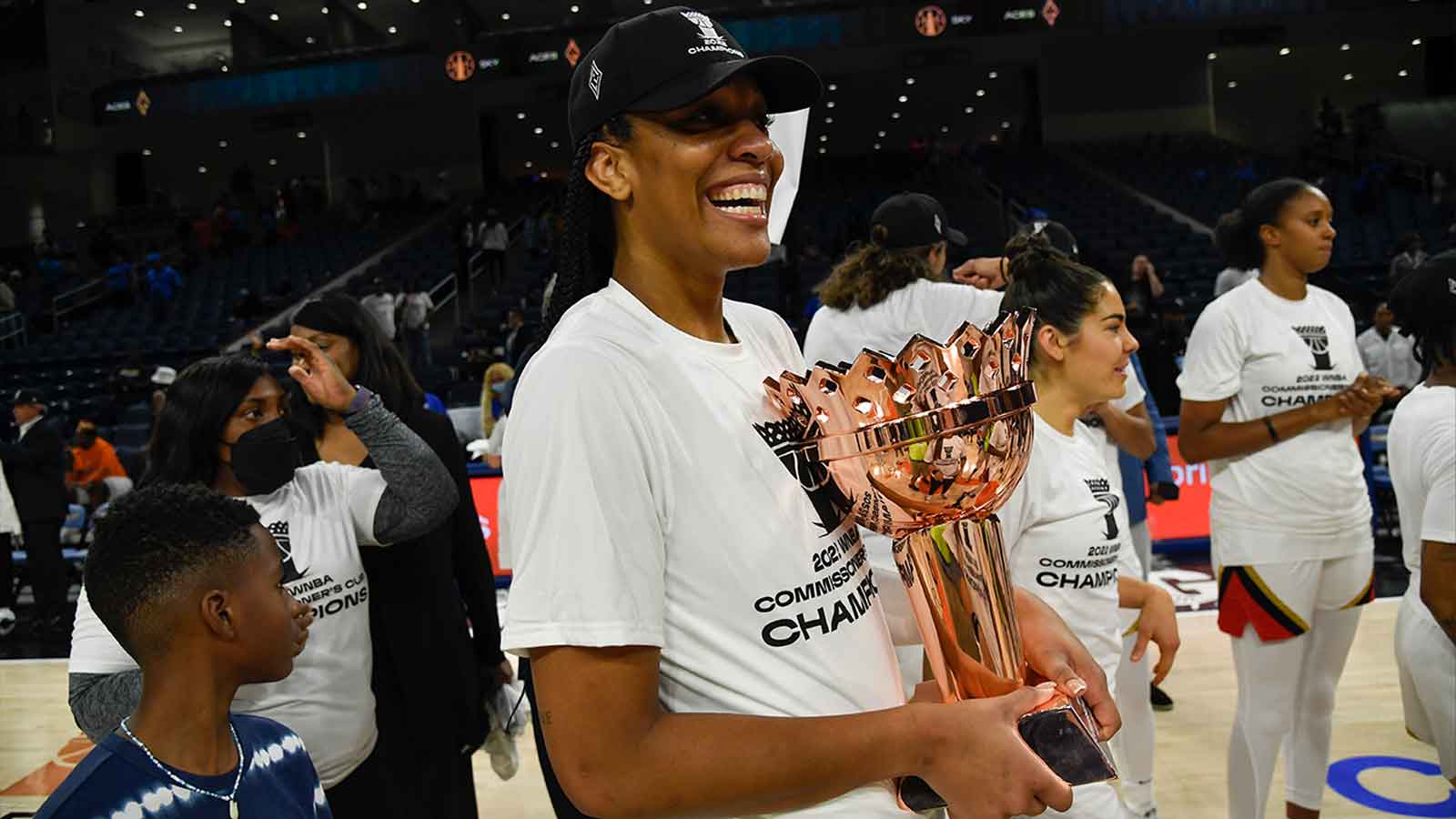 Las Vegas Aces forward A'ja Wilson (22) with the trophy after they won the Commissioners Cup-Championships with a victory over the Chicago Sky 93-83, at Wintrust Arena.