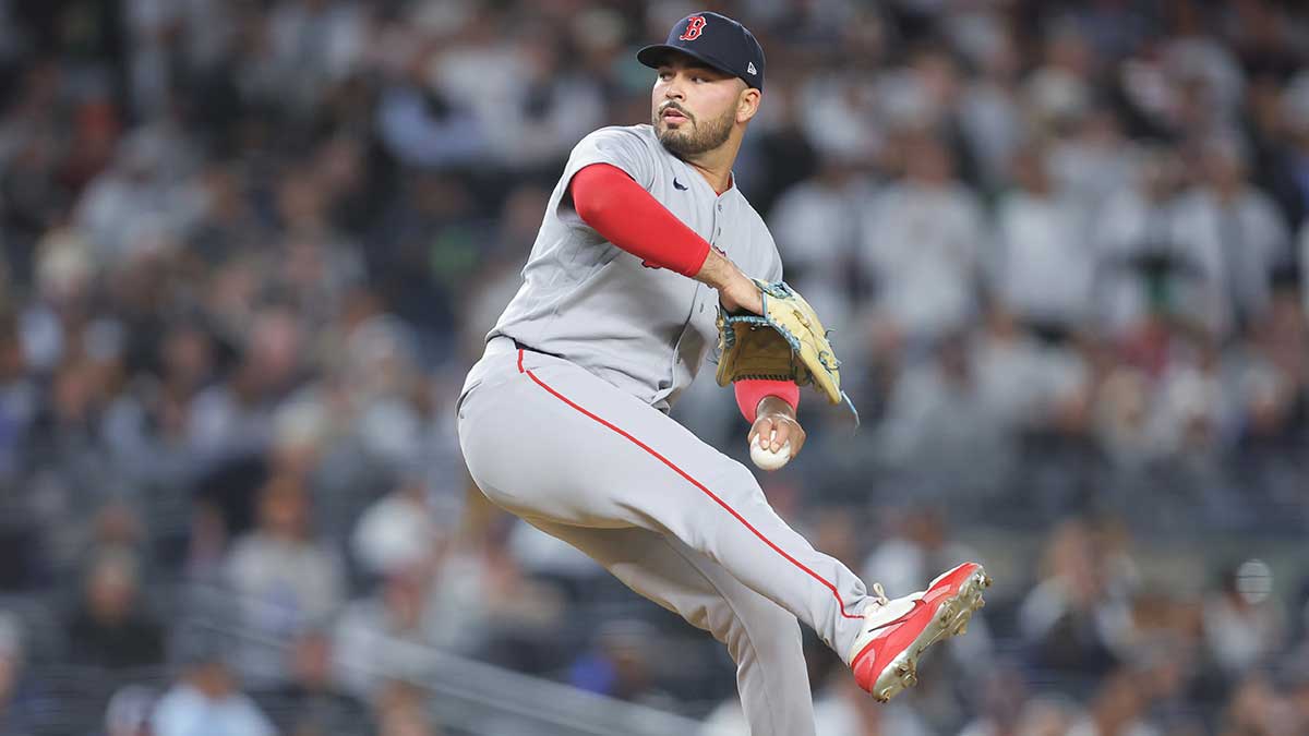 Sep 29, 2026; Bronx, New York, USA; Boston Red Sox pitcher Alec Gamboa (68) pitches during the seventh inning against the New York Yankees during game one of the Wildcard round for the 2026 MLB Playoffs at Yankee Stadium. Mandatory Credit: Brad Penner-Imagn Images