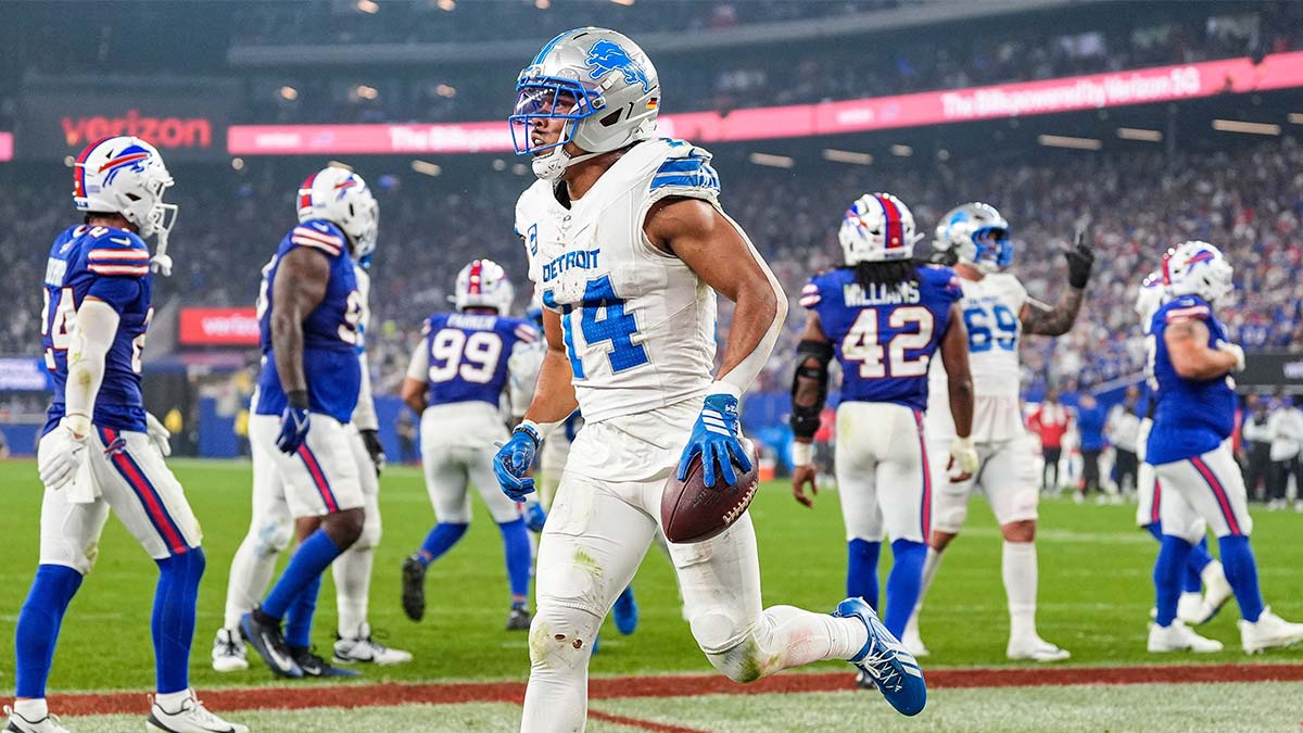 Detroit Lions wide receiver Amon-Ra St. Brown (14) celebrates a touchdown against Buffalo Bills during the second half at Highmark Stadium in Orchard Park, NY, on Thursday, Sept. 17, 2026.
