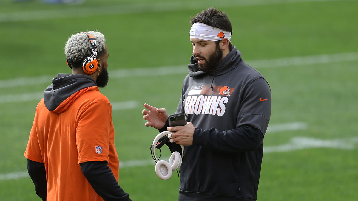 Cleveland Browns wide receiver Odell Beckham Jr. (left) and quarterback Baker Mayfield (right) talk on the field before playing the Pittsburgh Steelers at Heinz Field.