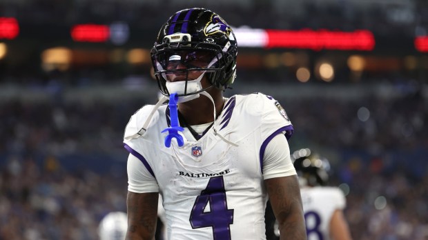 Baltimore Ravens wide receiver Zay Flowers (4) celebrates after he scores a touchdown against the Indianapolis Colts at Lucas Oil Stadium.