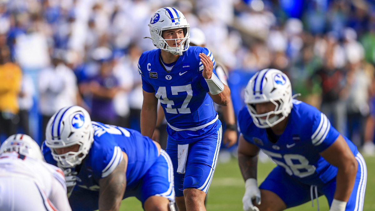 BYU Cougars quarterback Bear Bachmeier (47) instructs the team against the Arizona Wildcats during the second half at LaVell Edwards Stadium.