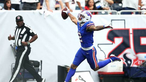 Buffalo Bills wide receiver DJ Moore (2) reacts after scoring a touchdown during the second quarter against the Houston Texans at Reliant Stadium.