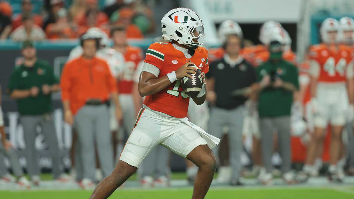 Miami Hurricanes quarterback Darian Mensah (10) looks to throw in the first half against the Florida A&M Rattlersat Hard Rock Stadium.