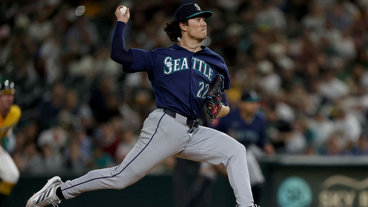 Seattle Mariners starting pitcher Bryan Woo (22) throws a pitch against the Athletics during the fifth inning at Sutter Health Park.