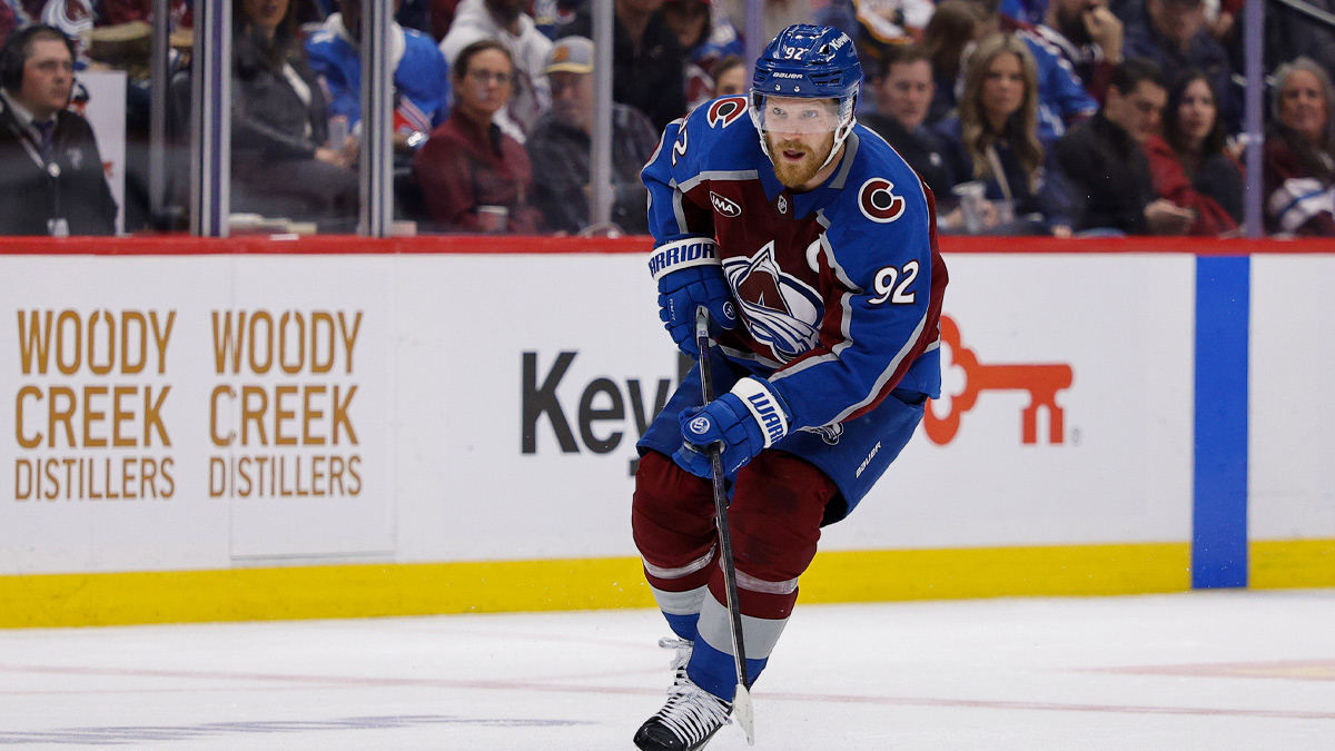 Colorado Avalanche left wing Gabriel Landeskog (92) skates during the second period against the Vegas Golden Knights in game one of the Western Conference Final of the 2026 Stanley Cup Playoffs at Ball Arena. 