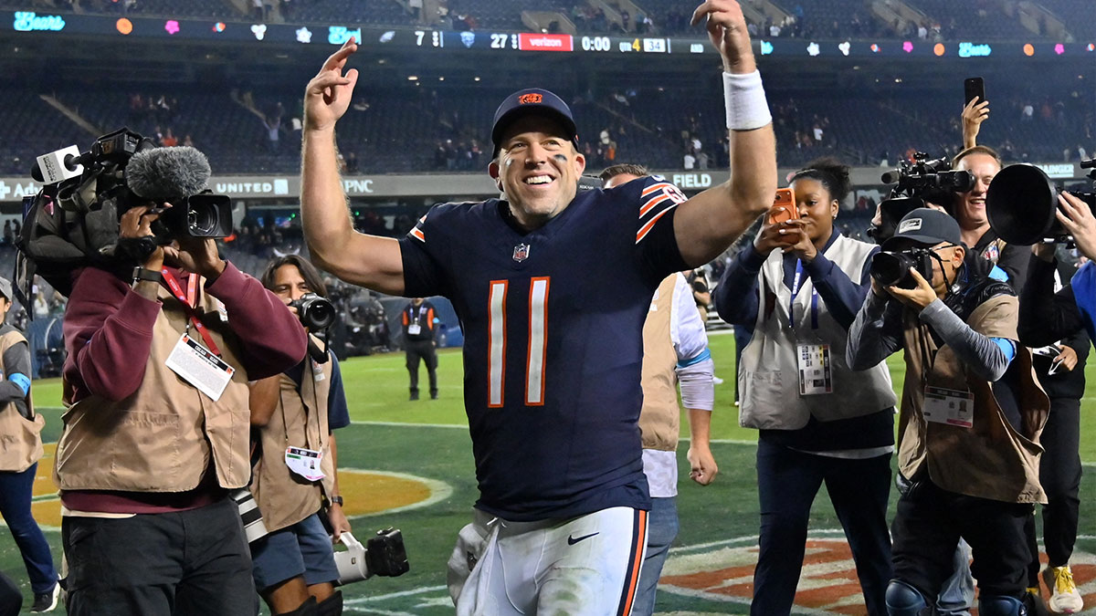 Chicago Bears quarterback Case Keenum (11) celebrates after the game against the Philadelphia Eagles at Soldier Field.