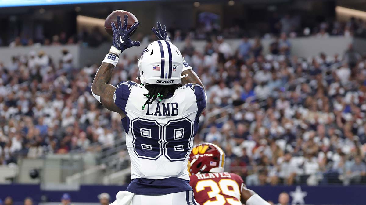 Sep 20, 2026; Arlington, Texas, USA; Dallas Cowboys wide receiver CeeDee Lamb (88) catches a three-yard touchdown pass thrown by quarterback Dak Prescott (not pictured) against Washington Commanders safety Jeremy Reaves (39) during the first quarter at AT&T Stadium.