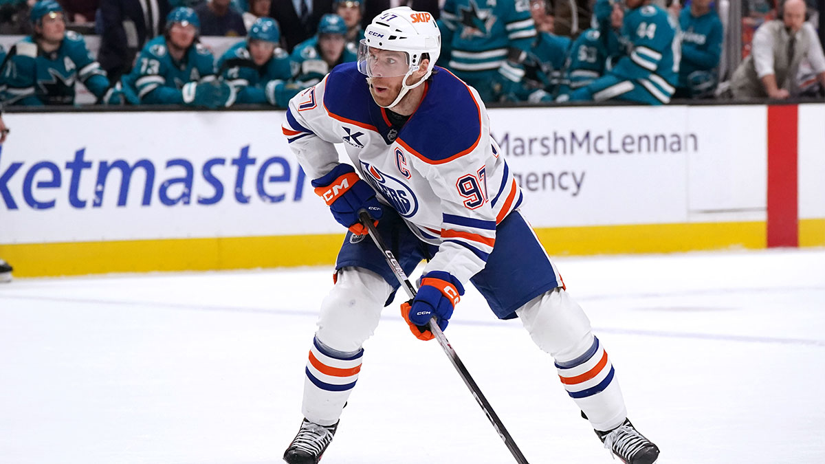Edmonton Oilers center Connor McDavid (97) controls the puck against the San Jose Sharks during the first period at SAP Center at San Jose.