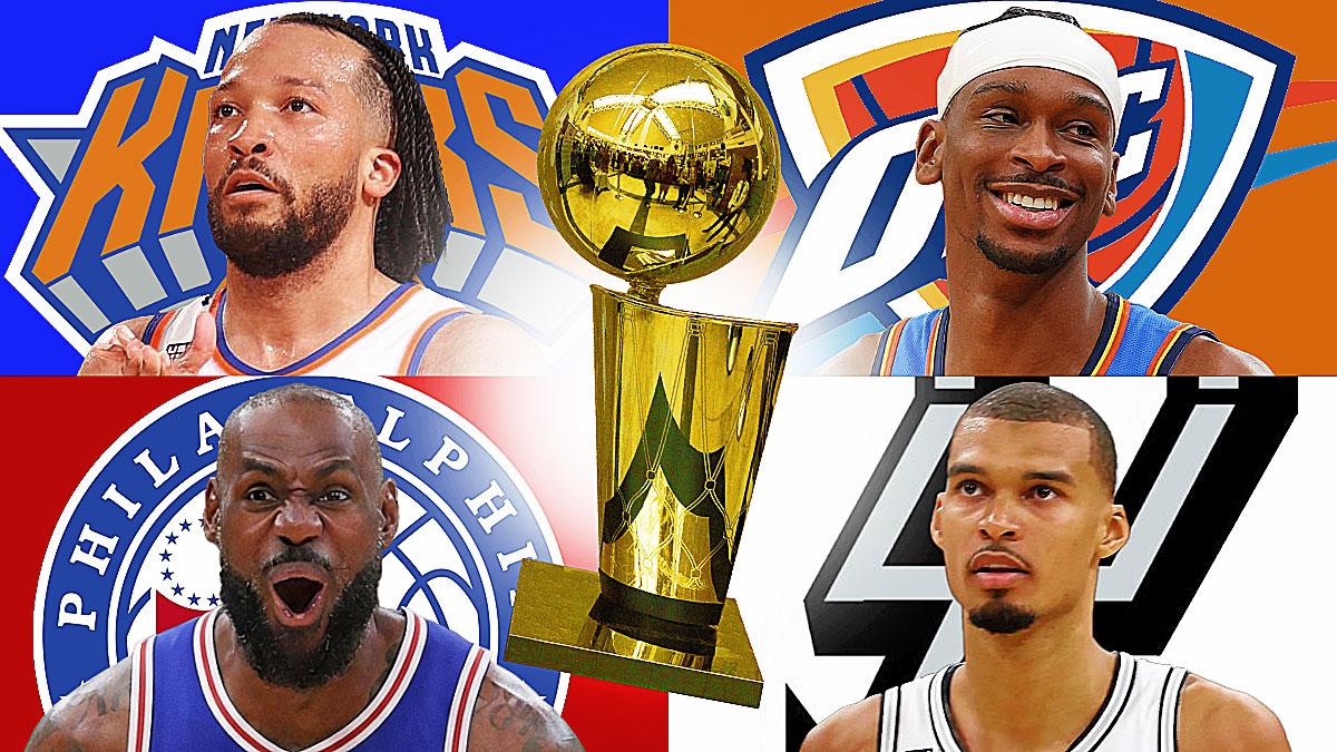 Jalen Brunson, Shai Gilgeous-Alexander, LeBron James, and Victor Wembanyama with NBA Finals trophy