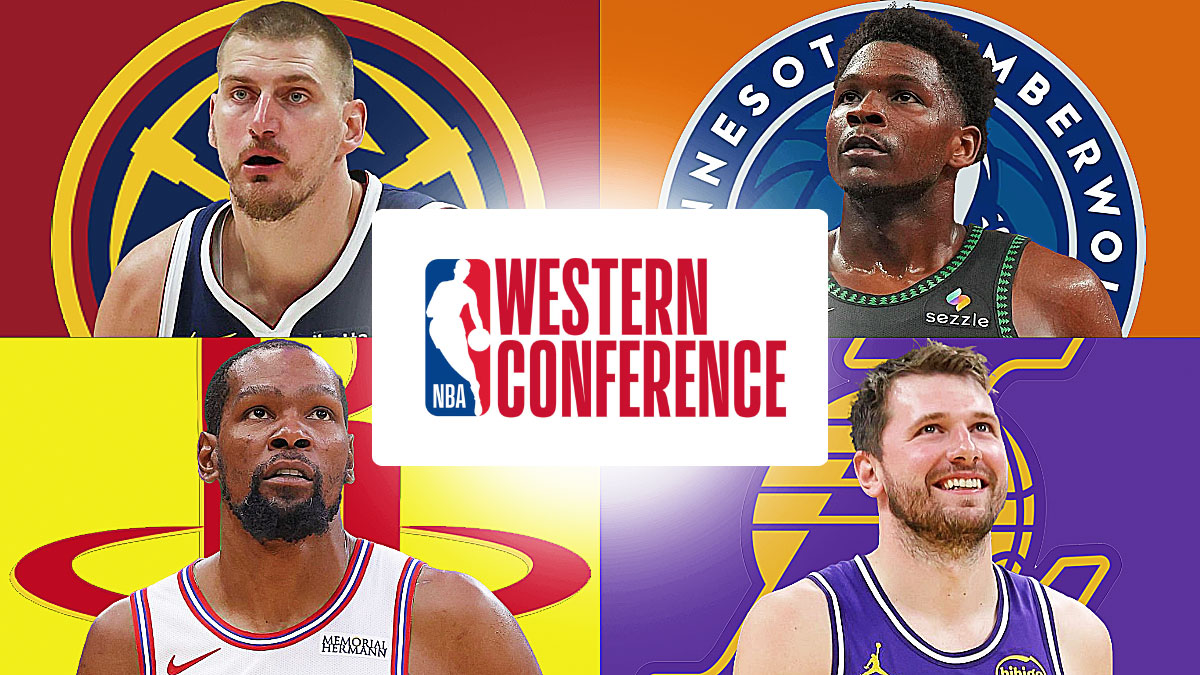 Nikola Jokic, Anthony Edwards, Kevin Durant, and Luka Doncic with Western Conference logo