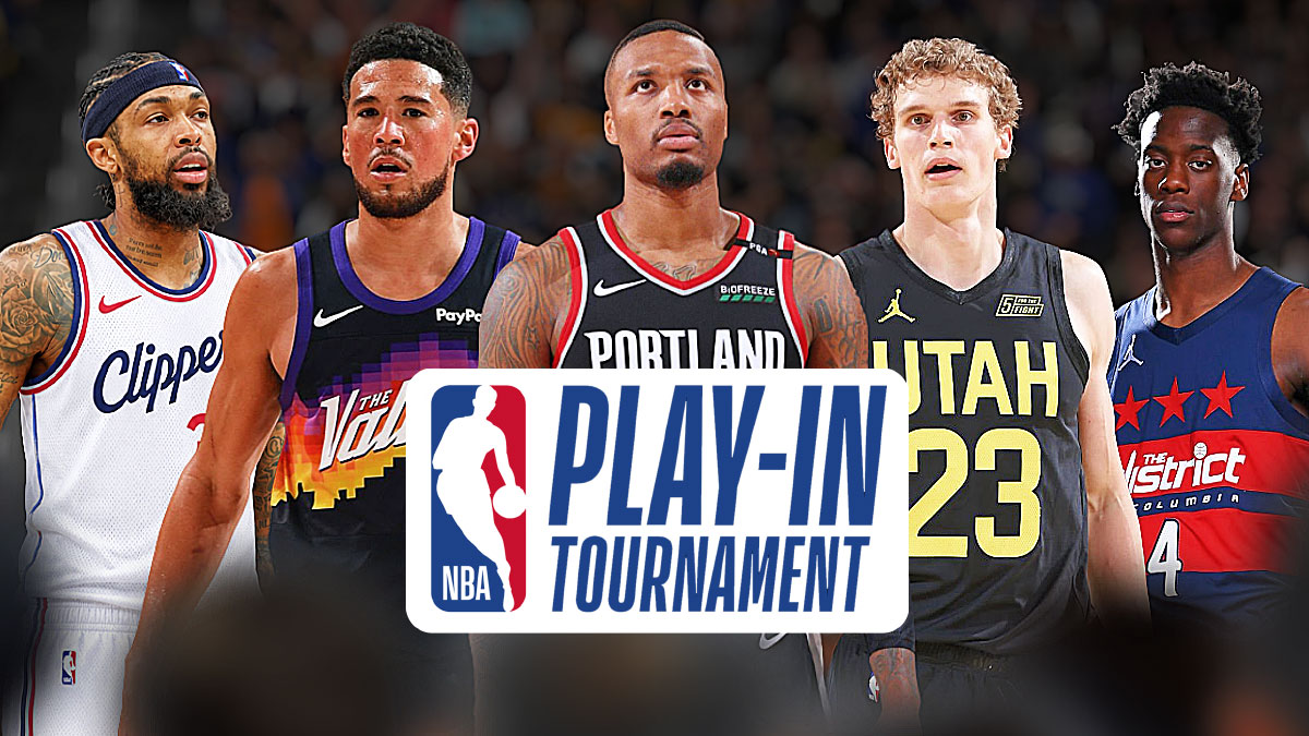 Brandon Ingram, Devin Booker, Damian Lillard, Lauri Markkanen and AJ Dybantsa with Play-In Tournament logo