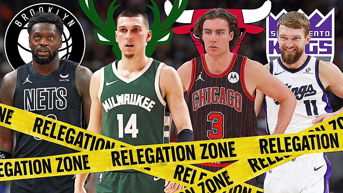 Julius Randle, Tyler Herro, Josh Giddey, and Domantas Sabonis with "relegation zone" yellow tape