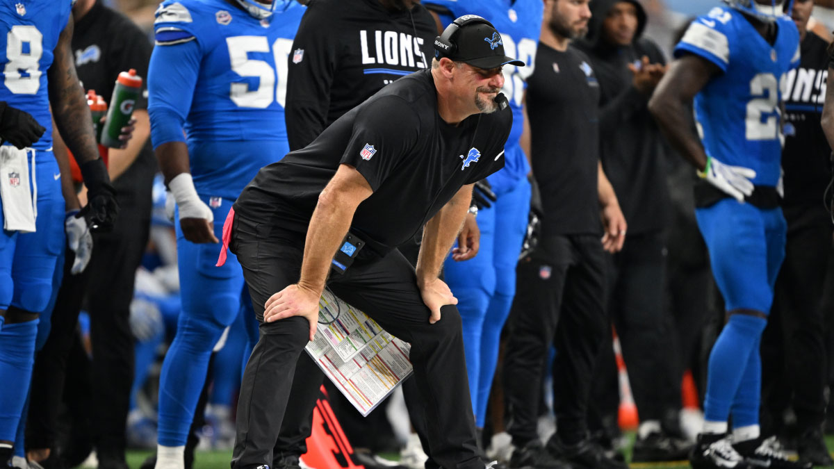 Detroit Lions head coach Dan Campbell on the sidelines against the New Orleans Saints during the second quarter at Ford Field. 