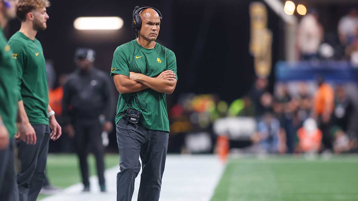 Baylor Bears head coach Dave Aranda on the sideline against the Auburn Tigers in the first quarter at Mercedes-Benz Stadium.