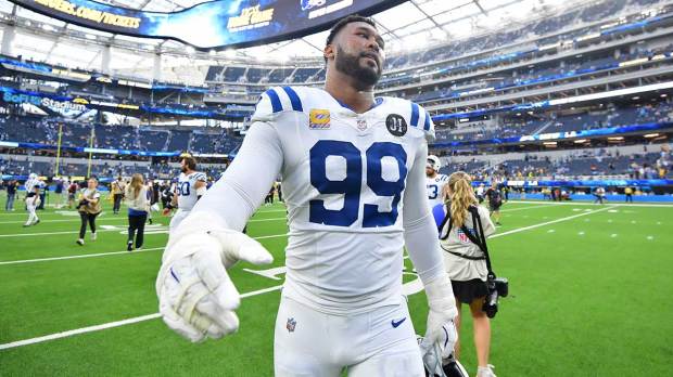 Indianapolis Colts defensive tackle DeForest Buckner (99) looks on after the game against the Los Angeles Chargers at SoFi Stadium.