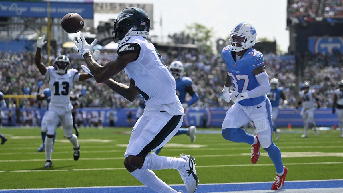 Philadelphia Eagles wide receiver DeVonta Smith (6) scores a touchdown during the second quarter at Nissan Stadium.