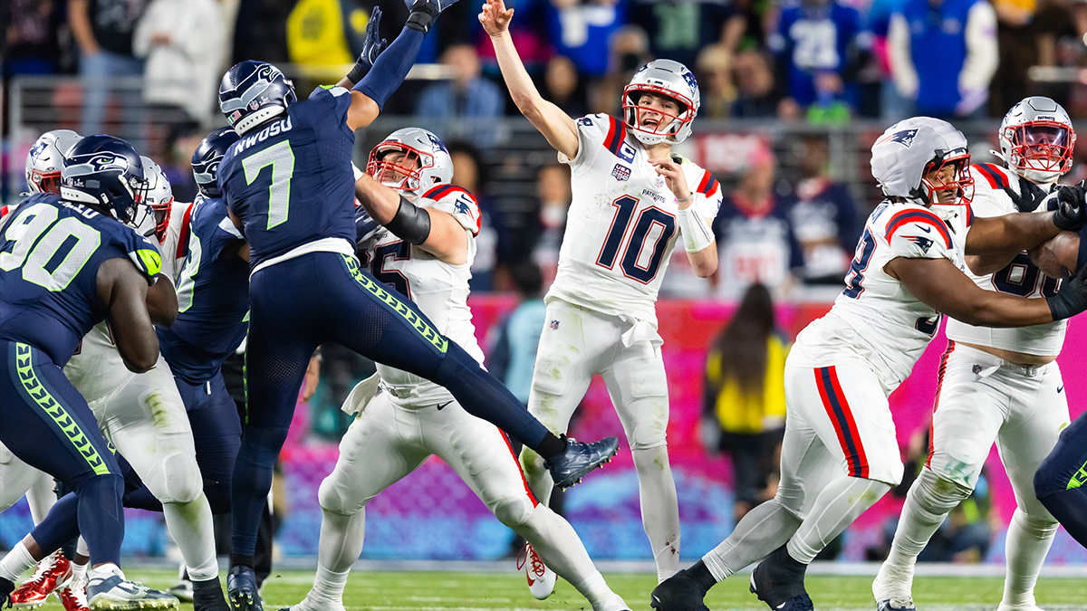 New England Patriots quarterback Drake Maye (10) throws a pass under pressure from Seattle Seahawks linebacker Uchenna Nwosu (7) during Super Bowl LX at Levi's Stadium.