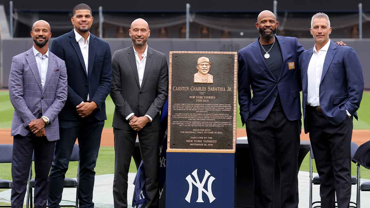 New York Yankees former pitcher CC Sabathia (second from right) poses for a photo with former teammates Chris Young (left to right) and Dellin Betances and Derek Jeter and Andy Pettitte during his monument park induction ceremony before a game against the Baltimore Orioles at Yankee Stadium. Mandatory Credit: Brad Penner-Imagn Images