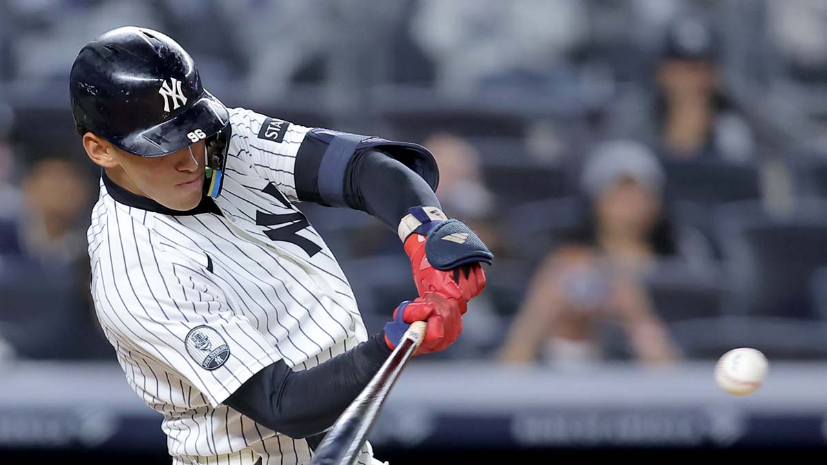 New York Yankees shortstop George Lombard Jr. (96) hits a two run home run against the Tampa Bay Rays during the eighth inning at Yankee Stadium. Mandatory Credit: Brad Penner-Imagn Images