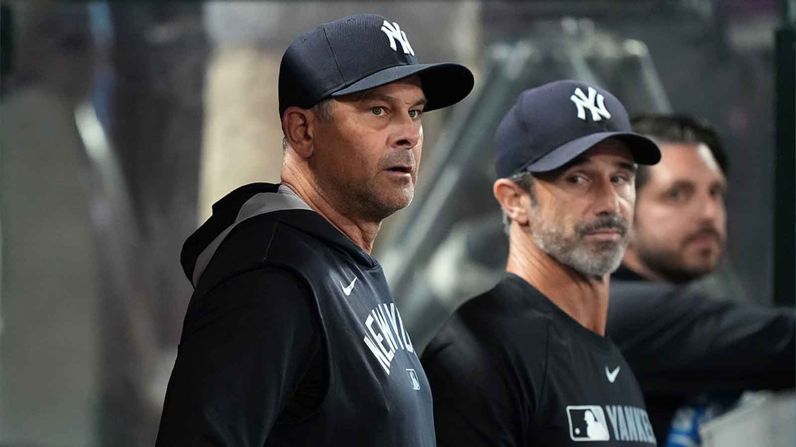 New York Yankees manager Aaron Boone (17) watches from the dugout in the 10th inning against the Los Angeles Angels at Angel Stadium. Mandatory Credit: Kirby Lee-Imagn Images