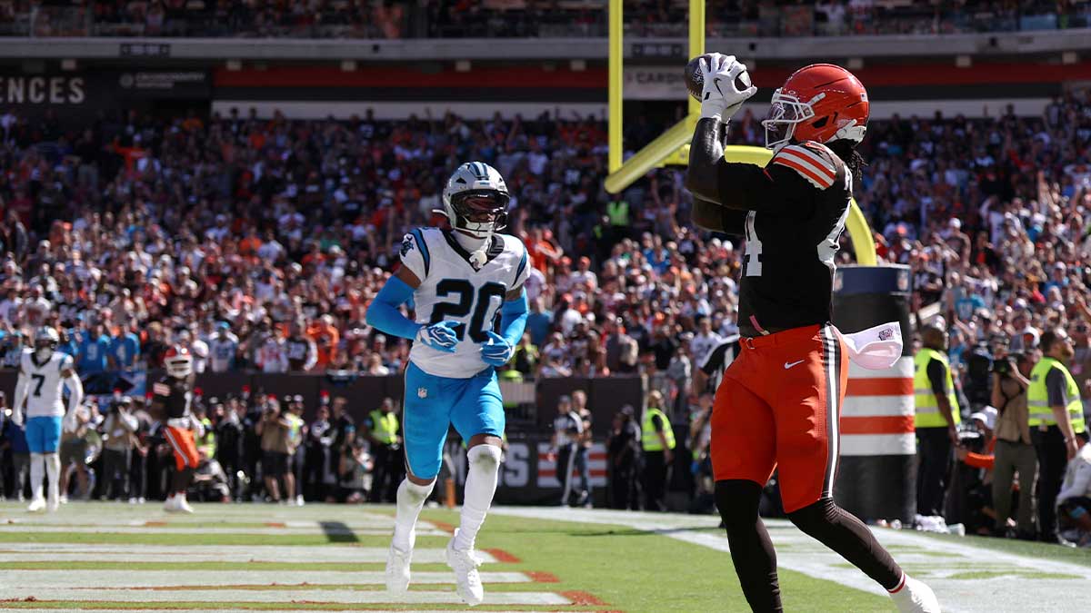 Cleveland Browns tight end Harold Fannin Jr. (44) makes a catch for a touchdown defended by Carolina Panthers safety Zakee Wheatley (20) during the second quarter at Huntington Bank Field. Mandatory Credit: Scott Galvin-Imagn Images