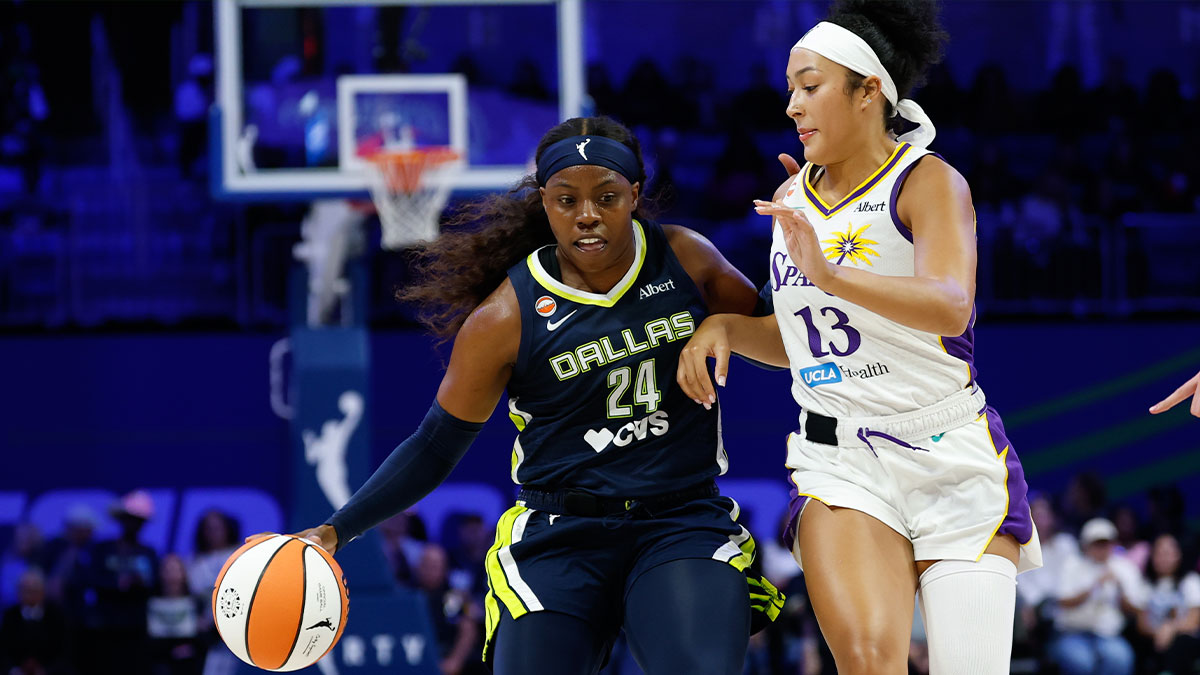 Dallas Wings guard Arike Ogunbowale (24) dribbles against Los Angeles Sparks guard-forward Aaliyah Nye (13) during the first half at College Park Center.