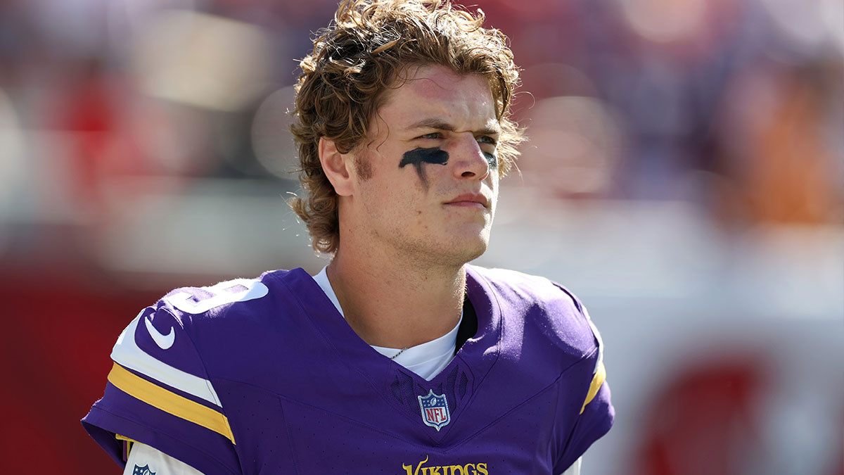 Minnesota Vikings quarterback J.J. McCarthy (9) looks on prior to the game against the Tampa Bay Buccaneers at Raymond James Stadium.