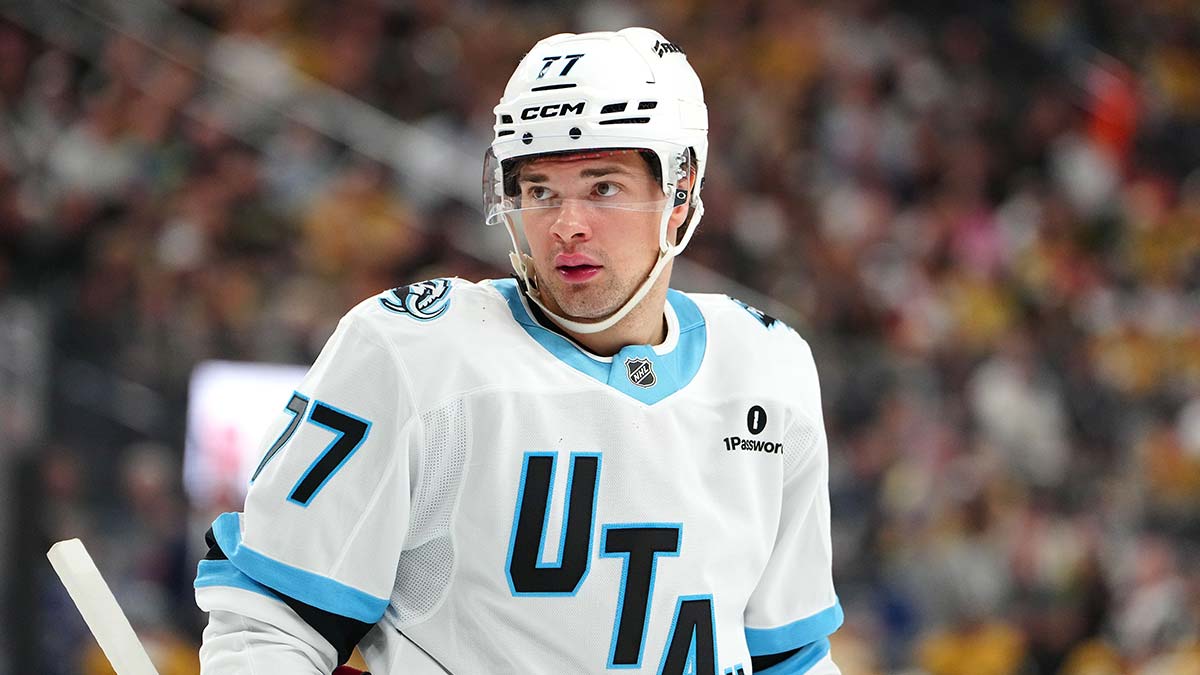 Utah Mammoth right wing JJ Peterka (77) awaits a face off against the Vegas Golden Knights during the second period of game one of the first round of the 2026 Stanley Cup Playoffs at T-Mobile Arena.