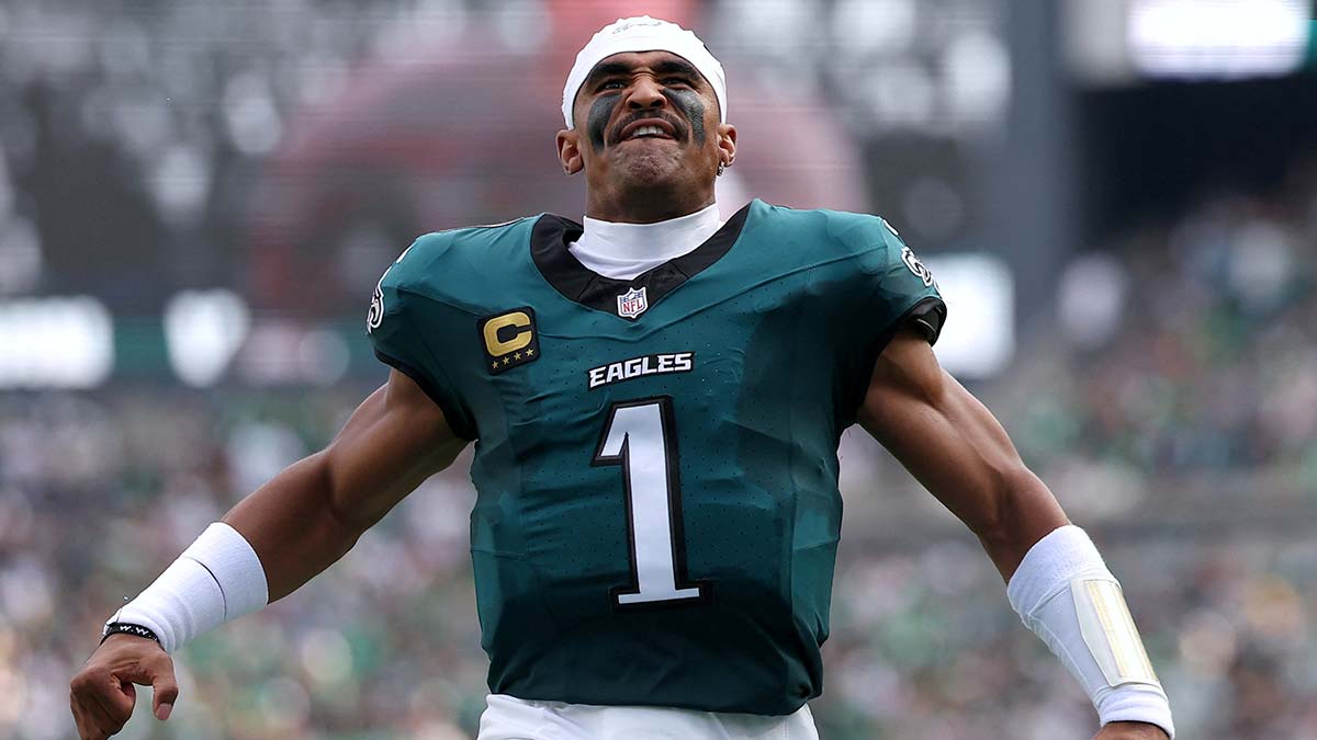 Philadelphia Eagles quarterback Jalen Hurts (1) reacts prior to the game against the Washington Commanders at Lincoln Financial Field.