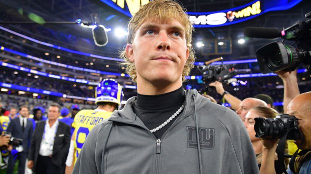 New York Giants quarterback Jaxson Dart (6) after losing to the Los Angeles Rams at SoFi Stadium.