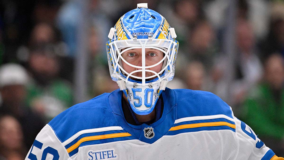 St. Louis Blues goaltender Jordan Binnington (50) looks on during the second period against the Dallas Stars at the American Airlines Center.