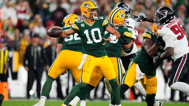 Green Bay Packers quarterback Jordan Love (10) throws a pass during the third quarter against the Atlanta Falcons at Lambeau Field.