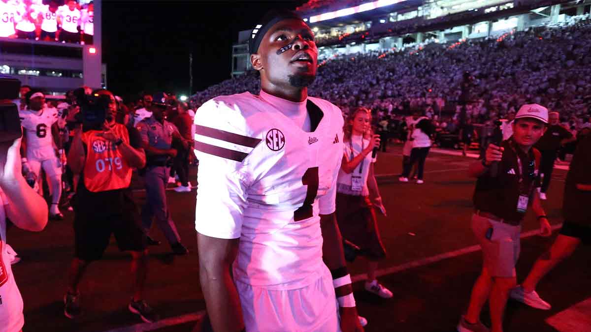 Mississippi State Bulldogs quarterback Kamario Taylor (1) looks toward the student section after defeating the Missouri Tigers at Davis Wade Stadium at Scott Field.