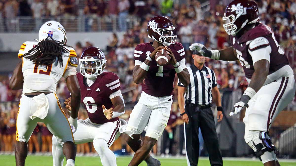 Mississippi State Bulldogs quarterback Kamario Taylor (1) drops back to pass during the second quarter against the Louisiana Monroe Warhawks at Davis Wade Stadium at Scott Field.