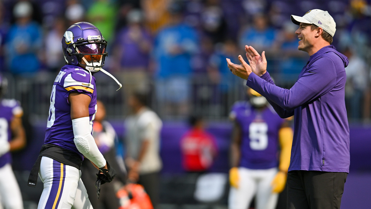 Minnesota Vikings head coach Kevin O'Connell with wide receiver Justin Jefferson (18) before the game against the Detroit Lions at U.S. Bank Stadium. 