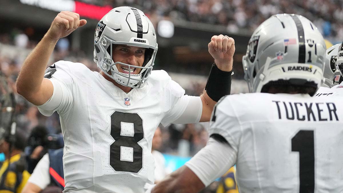 Sep 20, 2026; Inglewood, California, USA; Las Vegas Raiders quarterback Kirk Cousins (8) celebrates with Las Vegas Raiders wide receiver Tre Tucker (1) after a touchdown against the Los Angeles Chargers during the second half at SoFi Stadium.