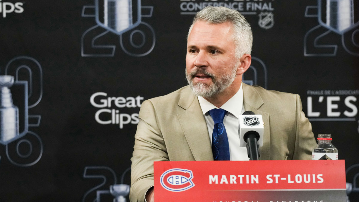 MontrÃÂ©al Canadiens head coach Martin St. Louis speaks after the game against the Carolina Hurricanes in game two of the Eastern Conferene Final of the 2026 Stanley Cup Playoffs at Lenovo Center. 